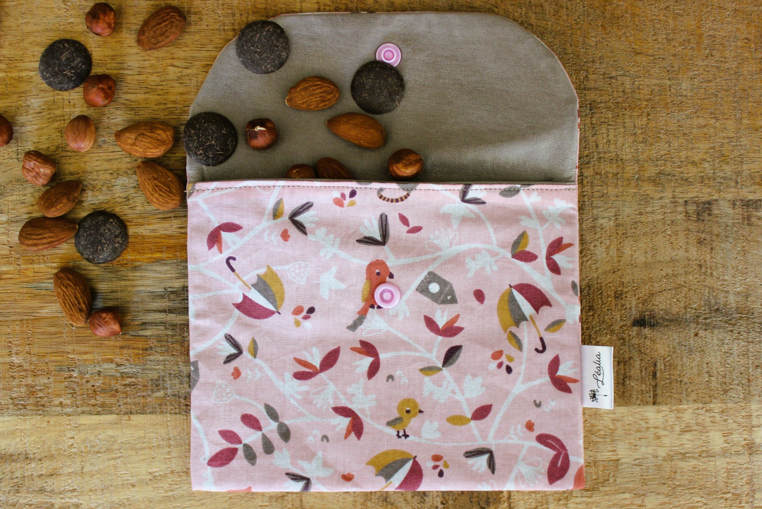 Pochette à goûter rose oiseau singe cabane