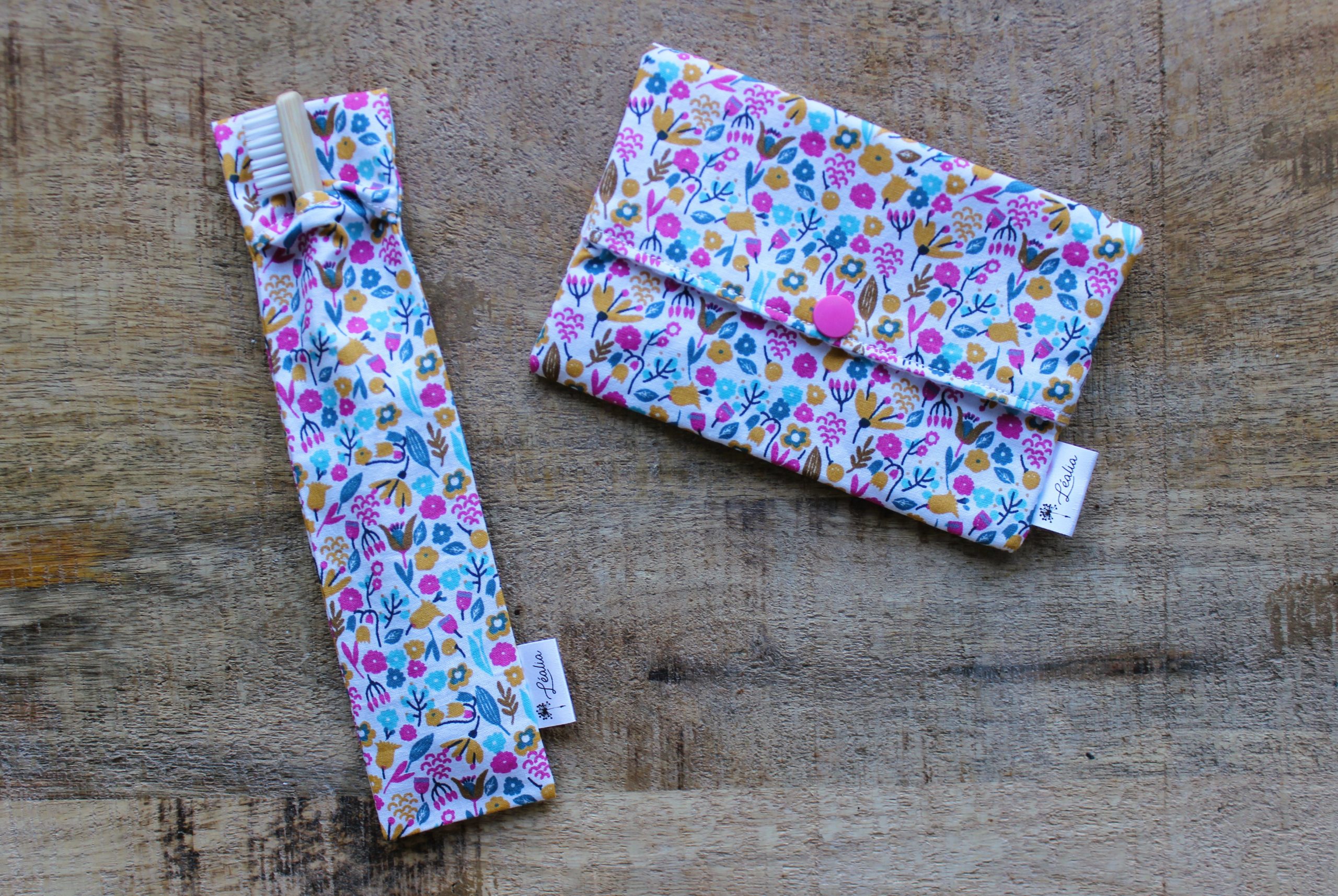 kit pochette brosse à dents et pochette à savon floral fuchsia moutarde turquoise