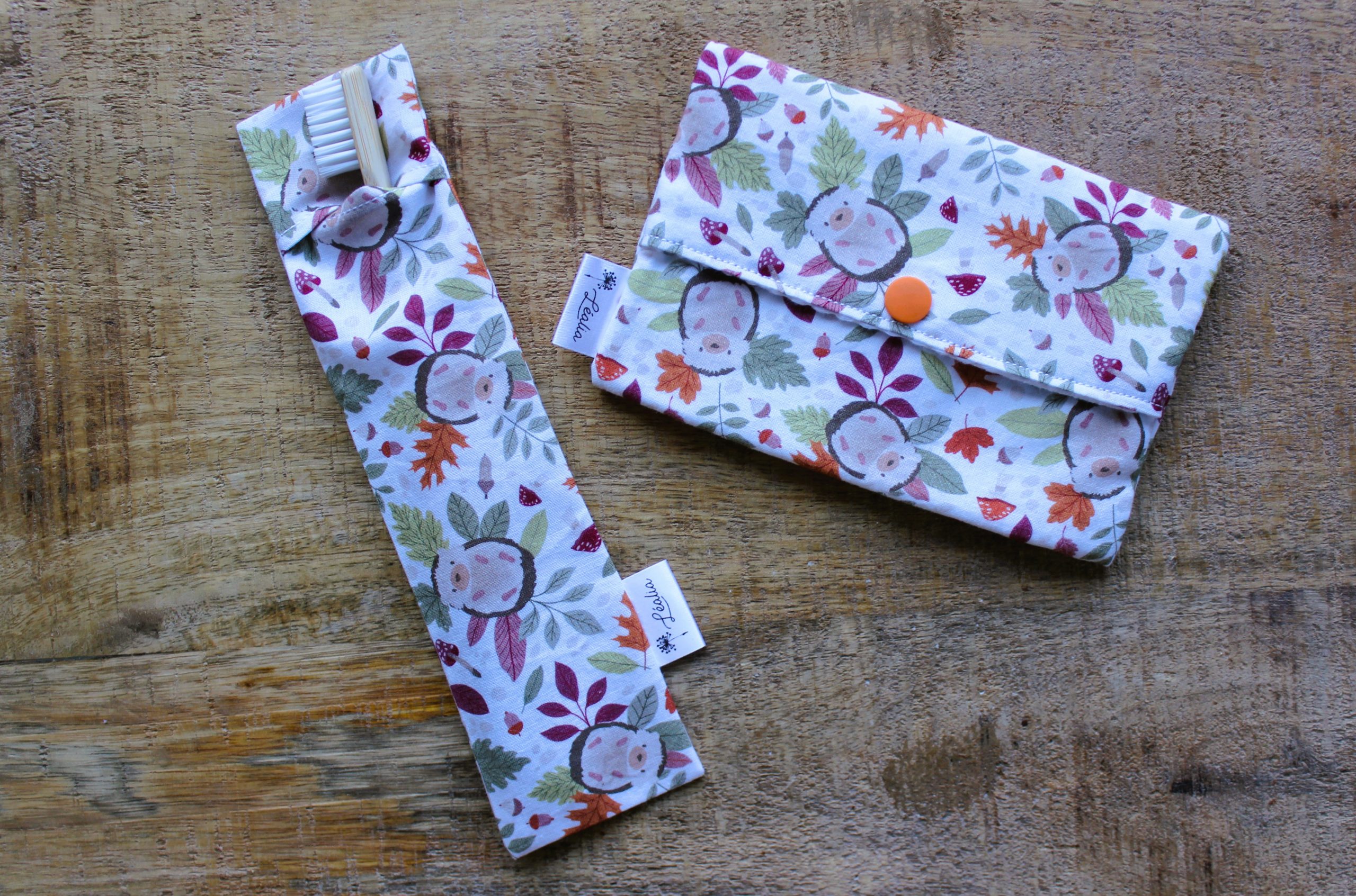 kit pochette brosse à dents et pochette à savon automne hérisson